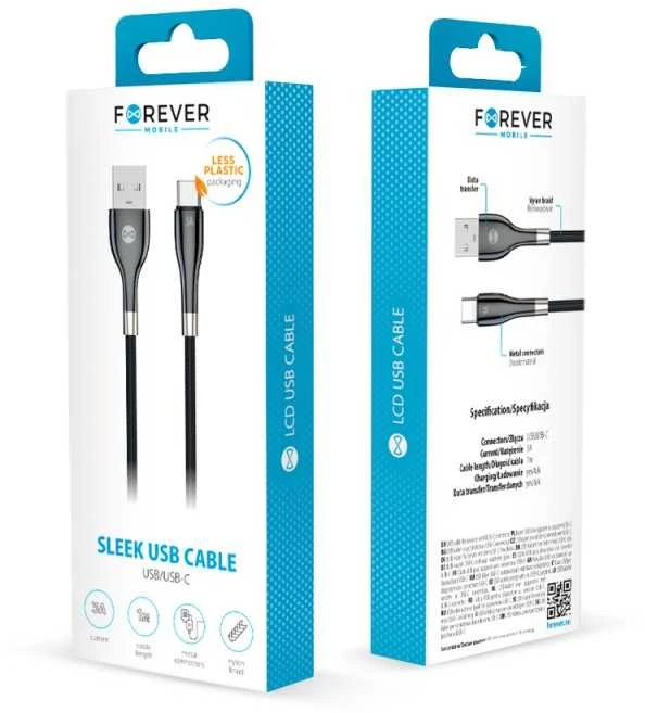 Forever Sleek USB – USB-C laidas 1,0 m 3A juodas