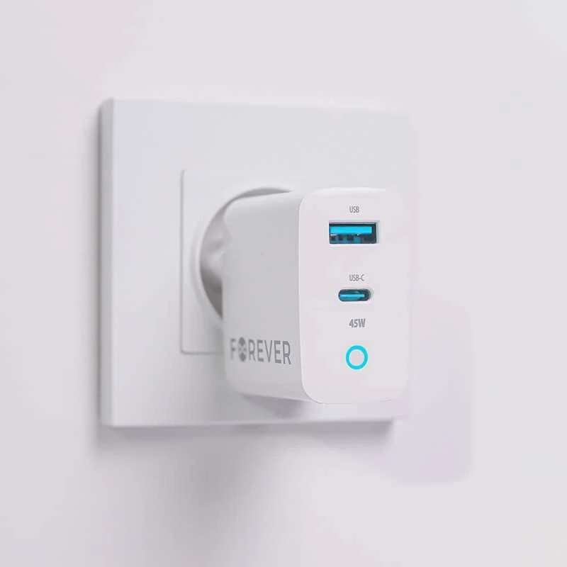 TelForceone Forever TC-06-45AC GaN PD QC įkroviklis 1x USB-C 1x USB 45W baltas