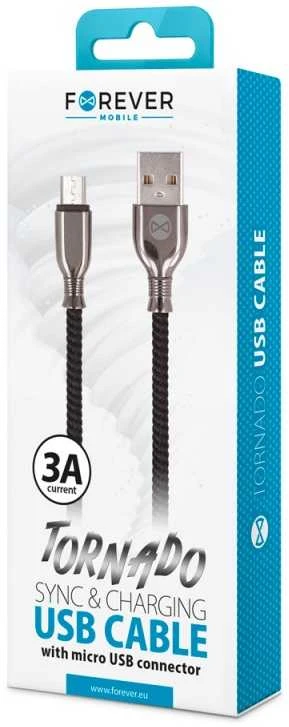 Forever Tornado kabelis USB - microUSB 1,0 m 3A juodos spalvos