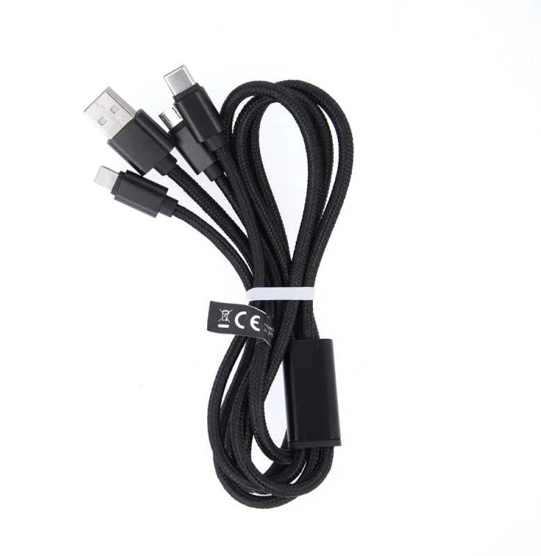 Maxlife Nylon 3in1 USB laidas A tipas - microUSB + Lightning + USB tipas C - juodas - 1m