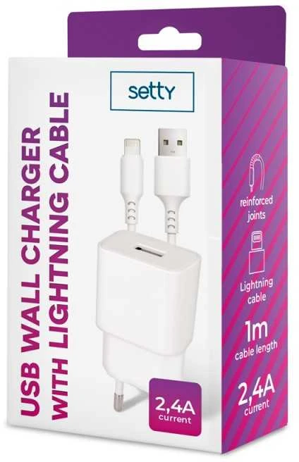 TelForceone "Setty" įkroviklis 1x USB 2,4A baltos spalvos + "Lightning" laidas 1,0 m NAUJIENA