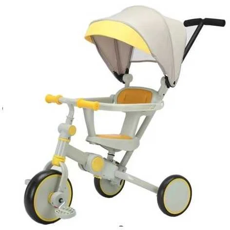 Double Horse Triratis TRIKE FIX V4 vaikams geltonai pilkas su baldakimu