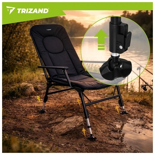 Trizand reguliuojama sulankstoma žvejybos kėdė su porankiais ir atlošu, juoda