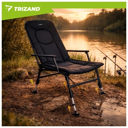 Trizand reguliuojama sulankstoma žvejybos kėdė su porankiais ir atlošu, juoda