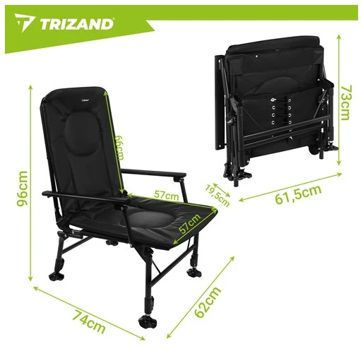 Trizand reguliuojama sulankstoma žvejybos kėdė su porankiais ir atlošu, juoda