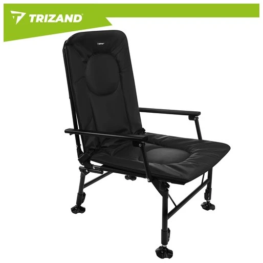Trizand reguliuojama sulankstoma žvejybos kėdė su porankiais ir atlošu, juoda
