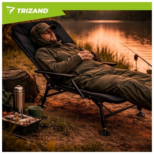 Trizand reguliuojama sulankstoma žvejybos kėdė su porankiais ir atlošu, juoda