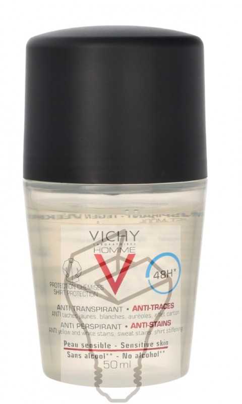 Vichy Homme 48H Anti-Stains Žymių nepaliekantis rutulinis antiperspirantas vyrams , 50 ml