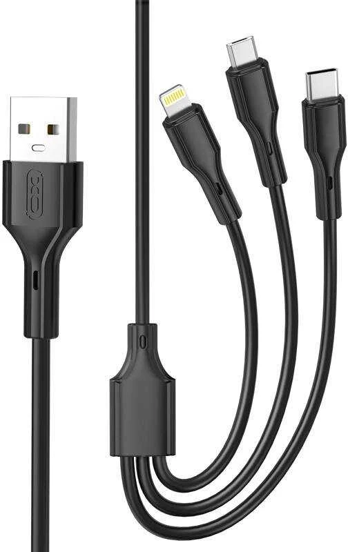 XO kabelis NB230 3w1 USB - Lightning + USB-C + microUSB 1,0m 2,4A juodos spalvos