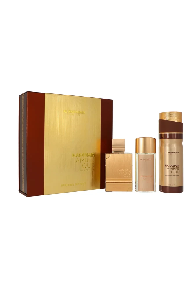 Al Haramain Amber Oud Gold Edition parfuminio vandens purškimo rinkinys 75ml + parfuminio vandens purškiklis 30ml + purškiamas dezodorantas 200ml