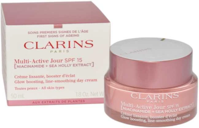 „Clarins Multi-Active Jour SPF15 Day“ visiems odos tipams [niacinamidas ir jūros bugienio ekstraktas], 50 ml