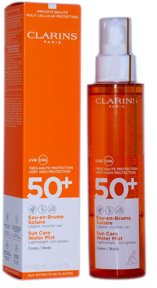 Clarins Glowing Sun Care Mist SPF 50+ dvifazė apsauginė purškiama dulksna nuo saulės, 150 ml