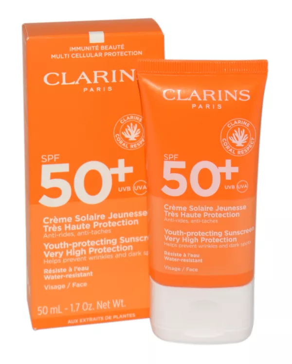 Clarins Youth-Protecting Sunscreen Very High Protection SPF 50+ apsauginis veido kremas nuo saulės, 50 ml