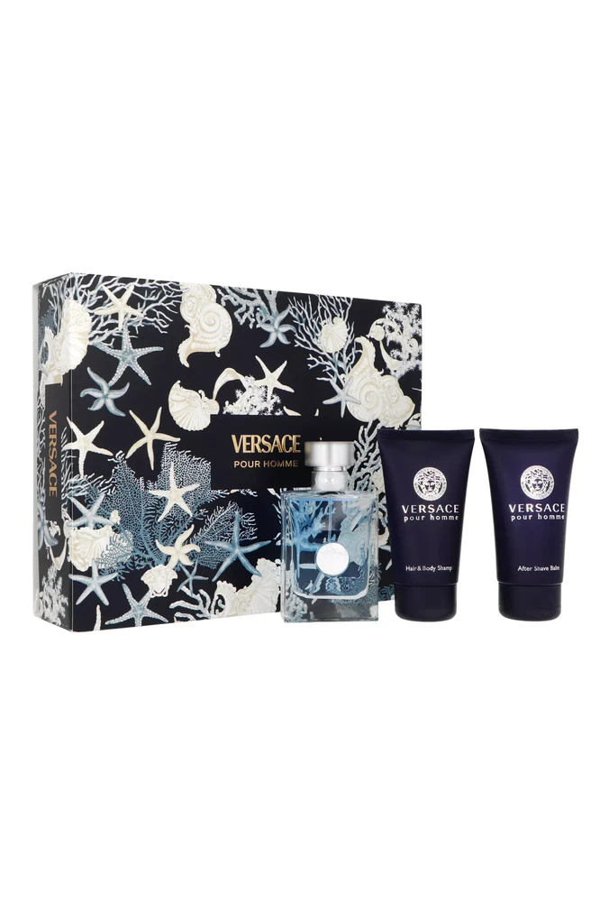 Versace rinkinys: Pour Homme tualetinis vanduo vyrams, 50 ml + Pour Homme balzamas po skutimosi, 50 ml + Pour Homme plaukų ir kūno losjonas visų tipų odai, 50 ml