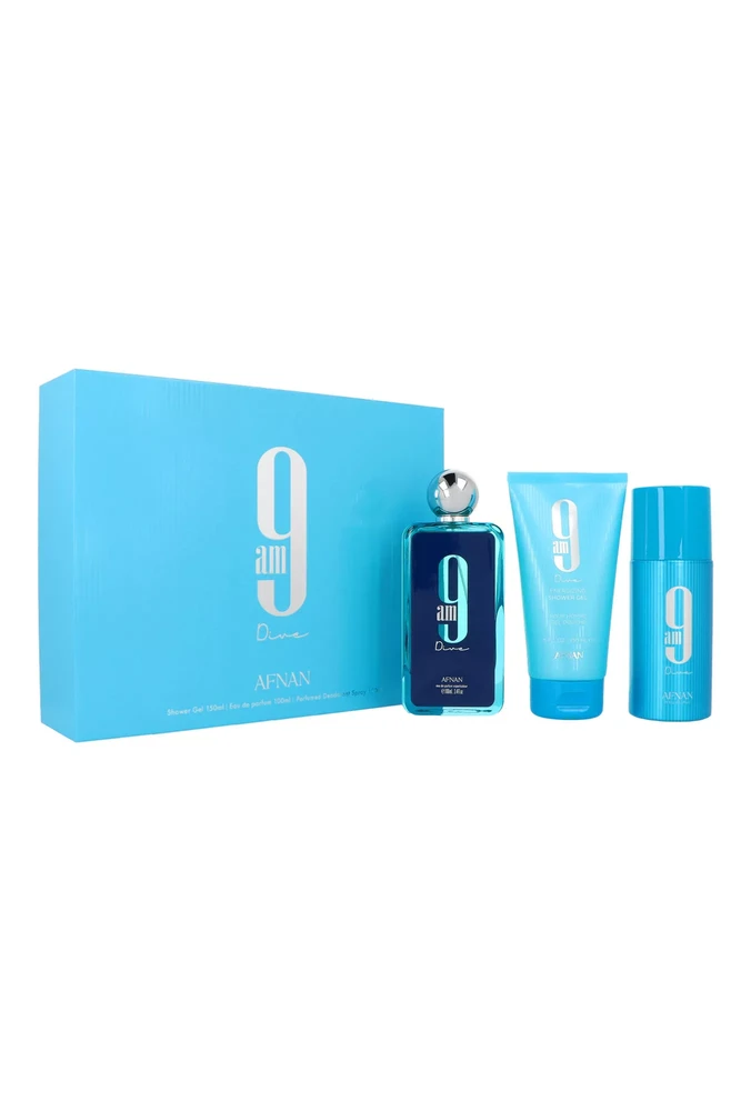 Unisex kvepalų rinkinys Afnan 9am Dive (EDP, 100 ml + purškiamas dezodorantas, 150 ml + dušo želė, 150 ml)