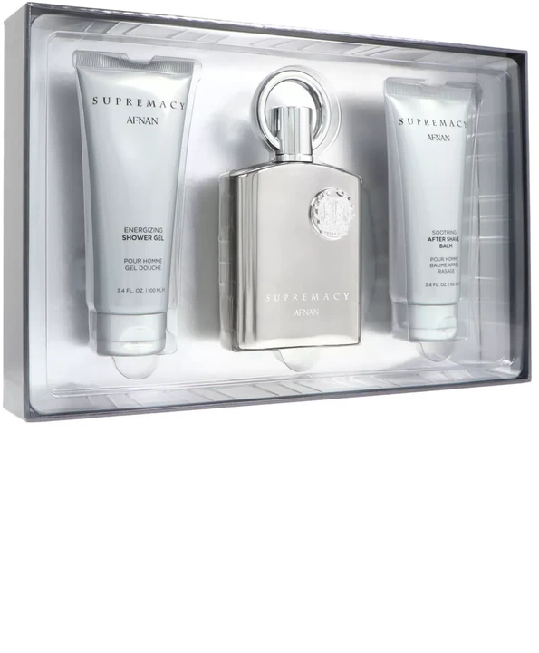 Dovanų rinkinys vyrams Afnan Supremacy Silver, EDP 100 ml + dušo želė 100 ml + balzamas po skutimosi 100 ml
