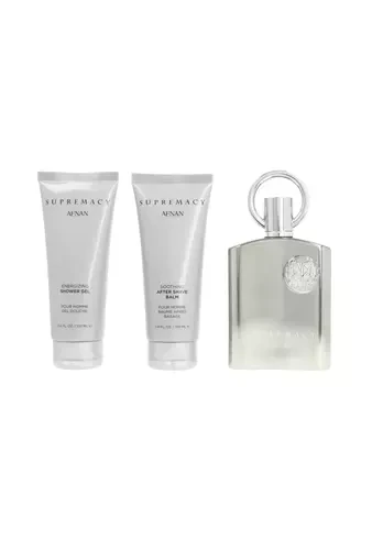 Dovanų rinkinys vyrams Afnan Supremacy Silver, EDP 100 ml + dušo želė 100 ml + balzamas po skutimosi 100 ml