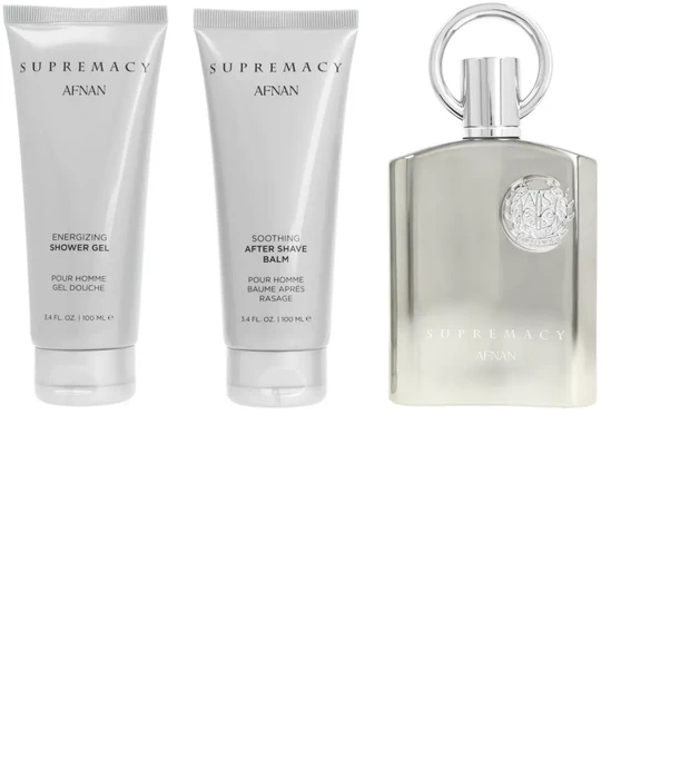 Dovanų rinkinys vyrams Afnan Supremacy Silver, EDP 100 ml + dušo želė 100 ml + balzamas po skutimosi 100 ml