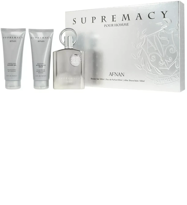 Dovanų rinkinys vyrams Afnan Supremacy Silver, EDP 100 ml + dušo želė 100 ml + balzamas po skutimosi 100 ml