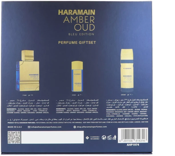 Al Haramain Amber Oud Bleu Edition rinkinys: 75ml EDP purškiklis + 30ml EDP purškiklis + 200ml dezodorantas
