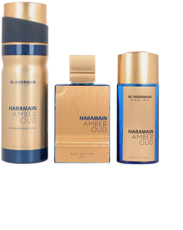 Al Haramain Amber Oud Bleu Edition rinkinys: 75ml EDP purškiklis + 30ml EDP purškiklis + 200ml dezodorantas