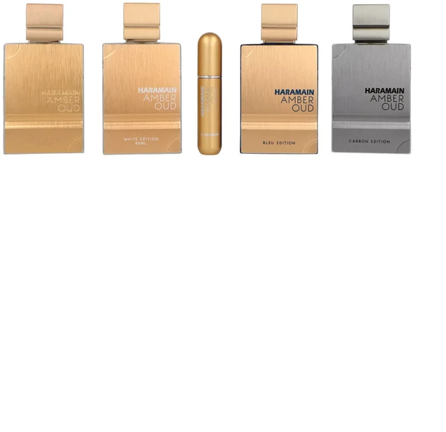 „Al Haramain Amber Oud Collection“ rinkinys 4 x 60 ml – „Amber Oud Gold“ leidimas + „Amber Oud Bleu“ leidimas + „Amber Oud Baltas“ leidimas + „Amber Oud Carbon“ leidimas