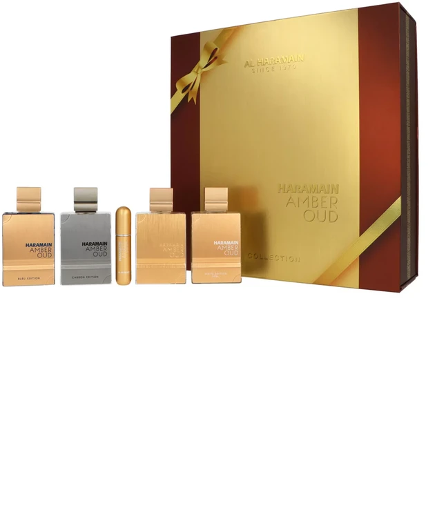 „Al Haramain Amber Oud Collection“ rinkinys 4 x 60 ml – „Amber Oud Gold“ leidimas + „Amber Oud Bleu“ leidimas + „Amber Oud Baltas“ leidimas + „Amber Oud Carbon“ leidimas