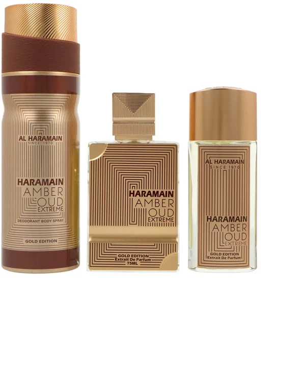 Al Haramain „Amber Oud Gold Edition Extreme“ rinkinys su kvepalų ekstraktu (75 ml) + kvepalų ekstraktu (30 ml) + dezodorantu (200 ml)
