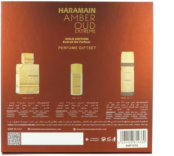 Al Haramain „Amber Oud Gold Edition Extreme“ rinkinys su kvepalų ekstraktu (75 ml) + kvepalų ekstraktu (30 ml) + dezodorantu (200 ml)