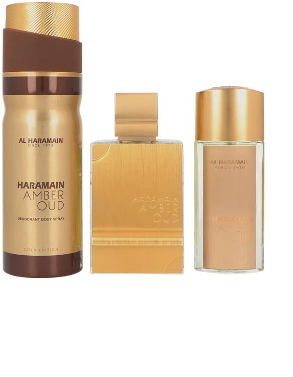 Al Haramain Amber Oud Gold Edition parfuminio vandens purškimo rinkinys 75ml + parfuminio vandens purškiklis 30ml + purškiamas dezodorantas 200ml