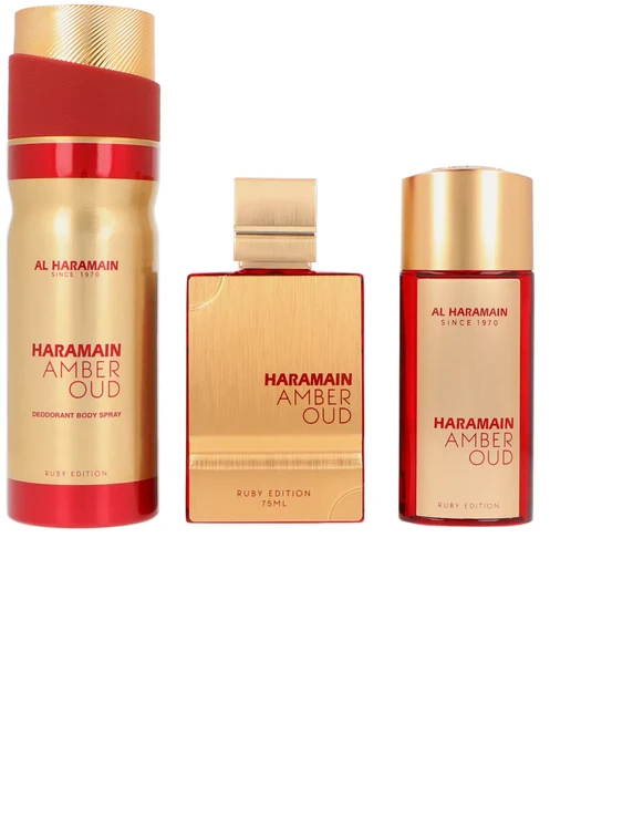 Al Haramain Amber Oud Ruby Edition rinkinys parfuminio vandens purškiklis 75ml + parfuminio vandens purškiklis 30ml + purškiamas dezodorantas 200ml