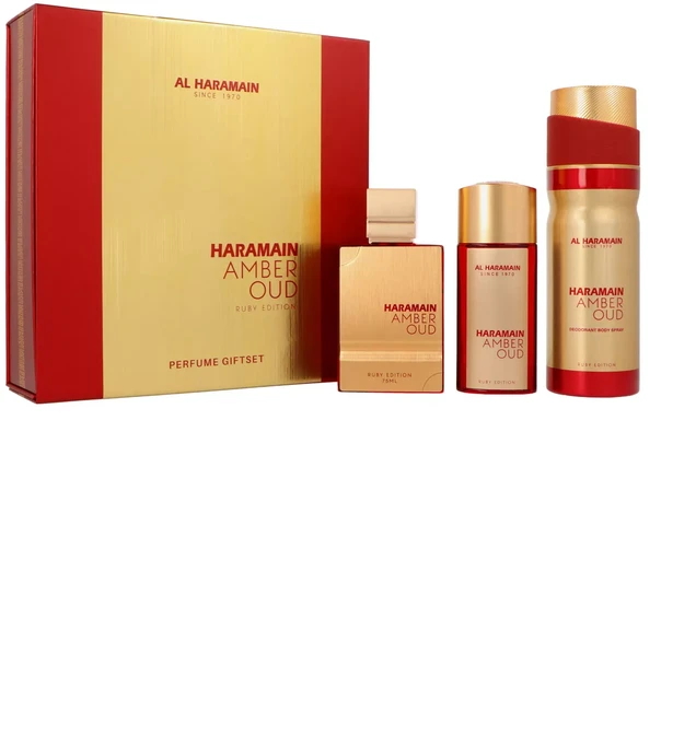 Al Haramain Amber Oud Ruby Edition rinkinys parfuminio vandens purškiklis 75ml + parfuminio vandens purškiklis 30ml + purškiamas dezodorantas 200ml