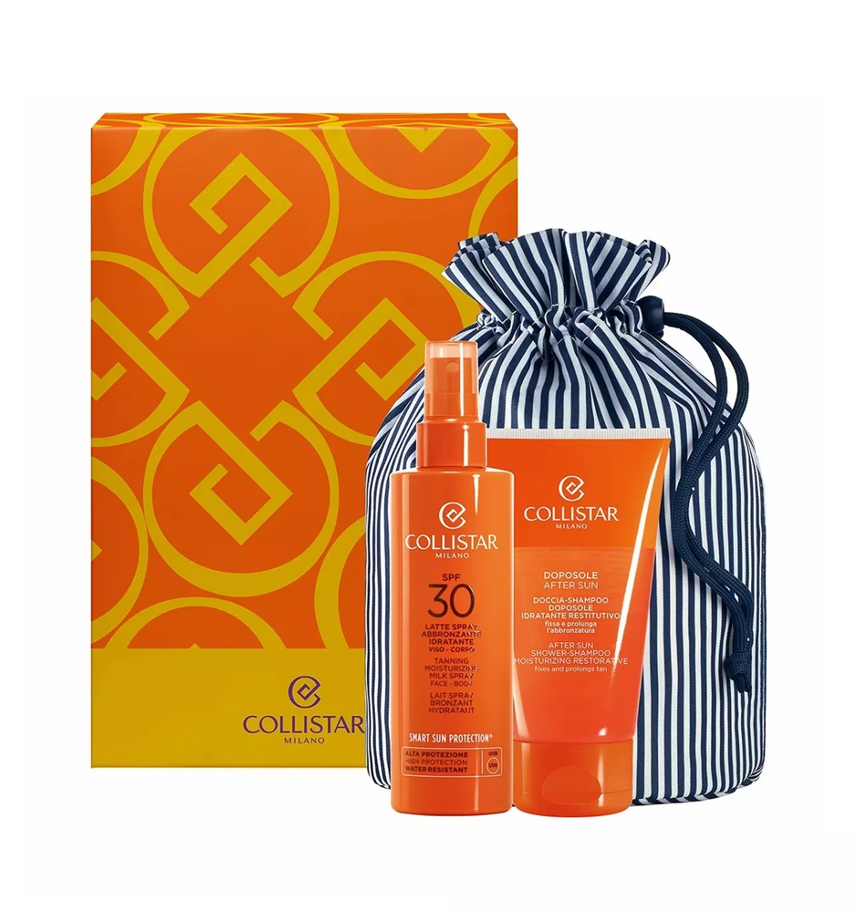 Set Collistar Moisturizing Tanning Milk Purškiklis Spf30 200ml + After Sun Shower - Šampūnas 150ml + Pouch