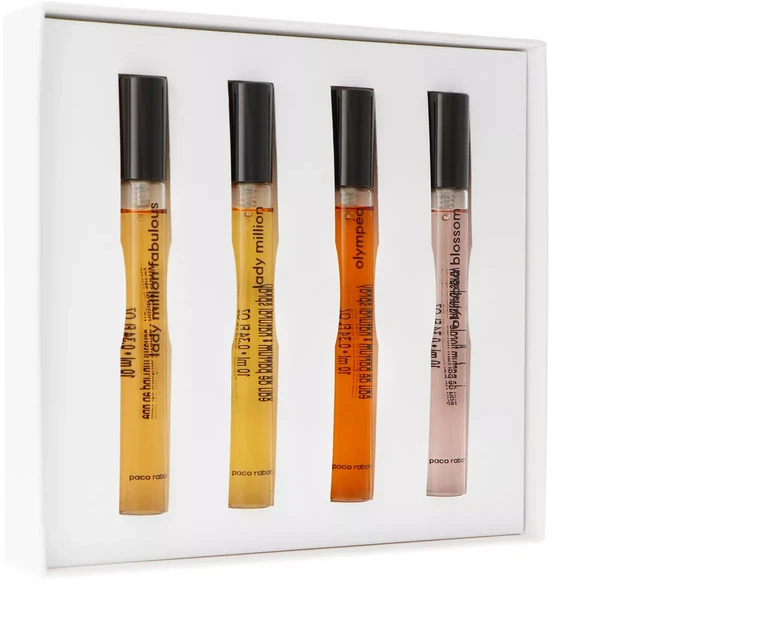 Paco Rabanne miniatiūrų kolekcijos rinkinys: „Lady Million“ EDP 10 ml + „Olympea“ EDP 10 ml + „Lady Million Fabulous Intense“ EDP 10 ml + „Olympea Blossom“ EDP 10 ml