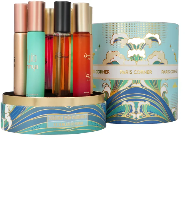 Paris Corner Paryžiaus kampinis rinkinys: Taskeen Marina Unisex parfuminis vanduo, 15 ml + Taskeen Caramel Cascade parfuminis vanduo Unisex, 15 ml + Gruodžio Vanilla EDP Unisex, 15 ml + Khair Confection parfuminis vanduo Unisex, 15 ml + Khair de, Pistachio Eau 5 ml