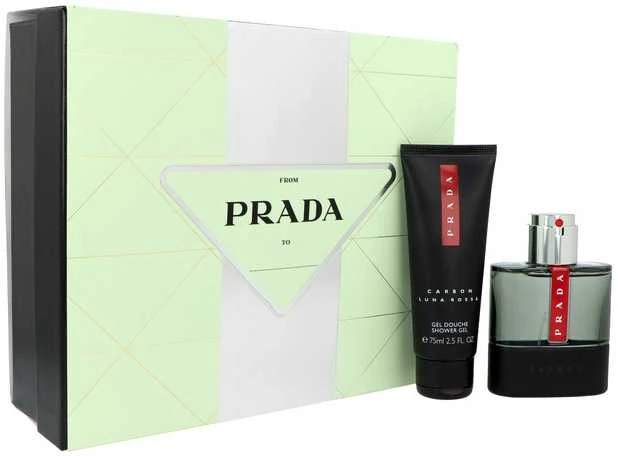 Prada rinkinys: Luna Rossa Carbon tualetinis vanduo vyrams, 50 ml + Luna Rossa Carbon atgaivintas dušo želė kūnui, 75 ml
