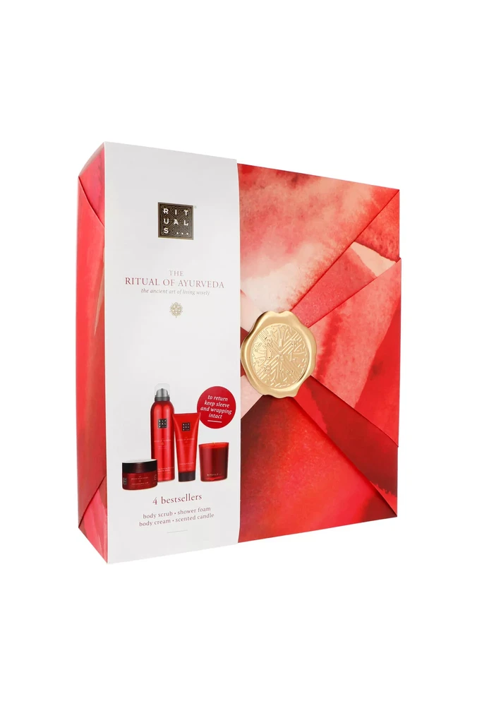 Dovanų rinkinys Rituals The Ritual of Ayurveda (125 g kūno šveitiklis + 100 ml kremas + 200 ml putojanti dušo želė + 140 g žvakė)