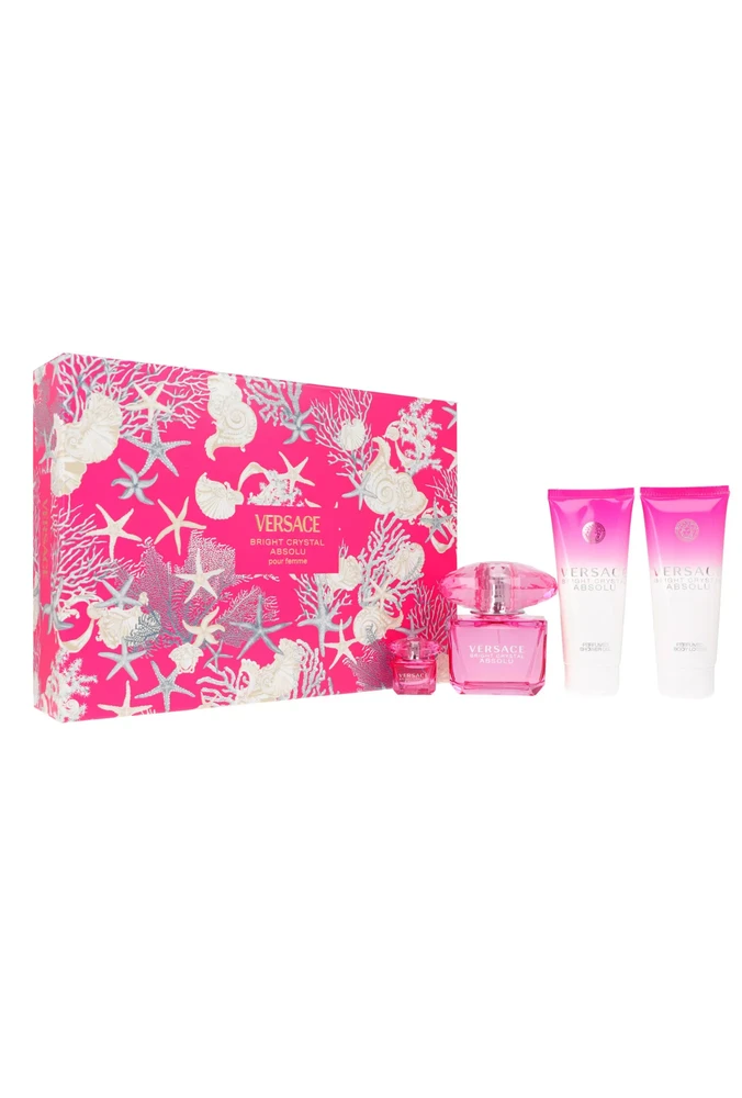 Versace Bright Crystal Absolu EDP rinkinys moterims (EDP, 90 ml + parfumuota dušo želė, 100 ml + EDP, 5 ml + parfumuotas kūno losjonas, 100 ml)