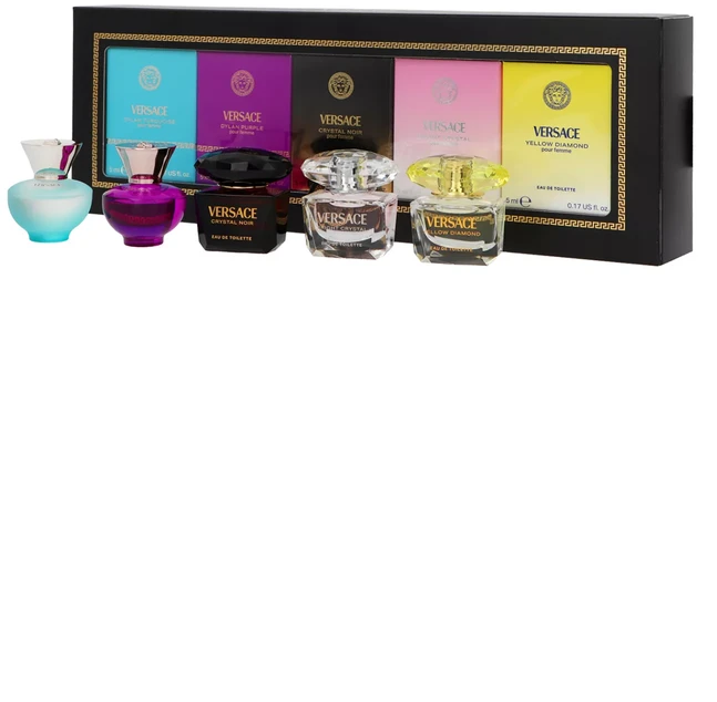 Versace Miniatures Collection EDT rinkinys moterims (EDT Geltona Diamond 5 ml + EDT Bright Crystal 5 ml + EDT Crystal Noir 5 ml + EDP Dylan Violetinė 5 ml + EDT Dylan Turquoise 5 ml)