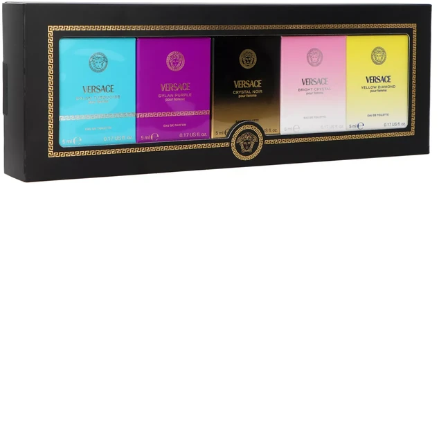 Versace Miniatures Collection EDT rinkinys moterims (EDT Geltona Diamond 5 ml + EDT Bright Crystal 5 ml + EDT Crystal Noir 5 ml + EDP Dylan Violetinė 5 ml + EDT Dylan Turquoise 5 ml)