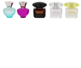 Versace Miniatures Collection EDT rinkinys moterims (EDT Geltona Diamond 5 ml + EDT Bright Crystal 5 ml + EDT Crystal Noir 5 ml + EDP Dylan Violetinė 5 ml + EDT Dylan Turquoise 5 ml)