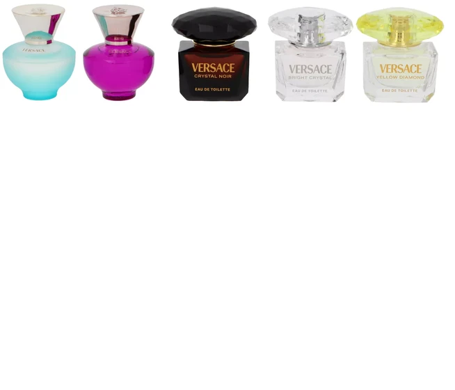 Versace Miniatures Collection EDT rinkinys moterims (EDT Geltona Diamond 5 ml + EDT Bright Crystal 5 ml + EDT Crystal Noir 5 ml + EDP Dylan Violetinė 5 ml + EDT Dylan Turquoise 5 ml)
