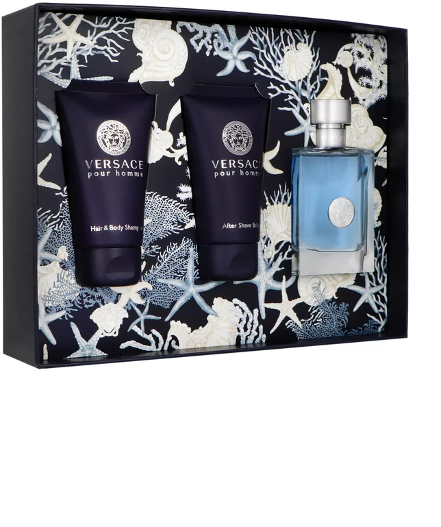 Versace rinkinys: Pour Homme tualetinis vanduo vyrams, 50 ml + Pour Homme balzamas po skutimosi, 50 ml + Pour Homme plaukų ir kūno losjonas visų tipų odai, 50 ml