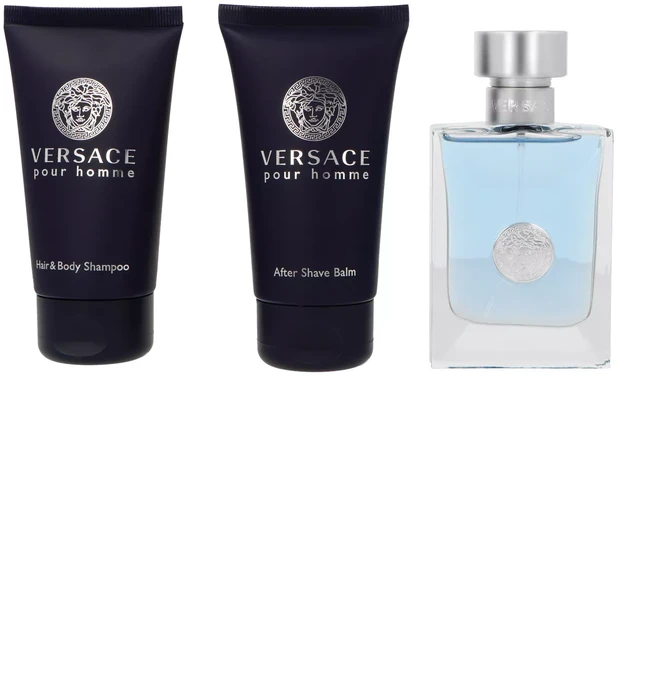 Versace rinkinys: Pour Homme tualetinis vanduo vyrams, 50 ml + Pour Homme balzamas po skutimosi, 50 ml + Pour Homme plaukų ir kūno losjonas visų tipų odai, 50 ml