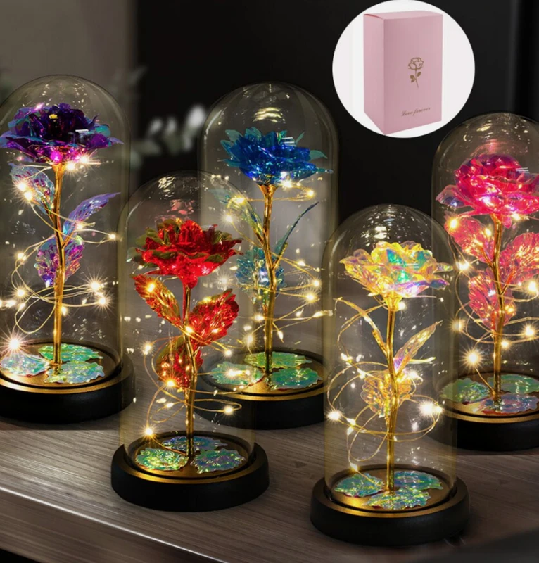 Amžinoji rožė stiklo kupole su LED šviesomis Happy People KK-30
