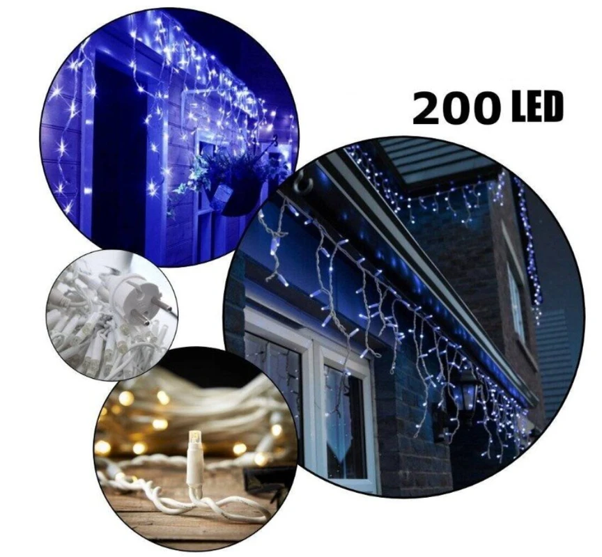 Happy People 200 LED 8 metrai lempučių lauko girlianda varvekliai su baltu laidu, šaltai baltos spalvos flash KK-1