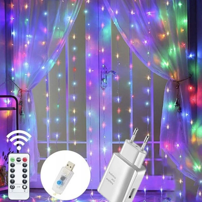 Happy people DU-07 įvairių spalvų 3x3m. ilgio LED girlianda su nuotolinio valdymo pulteliu