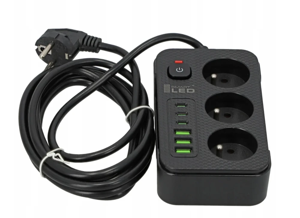 Išmanus juodos spalvos prailgintuvas su USB ir Type-C jungtimis Happy People, KK-24