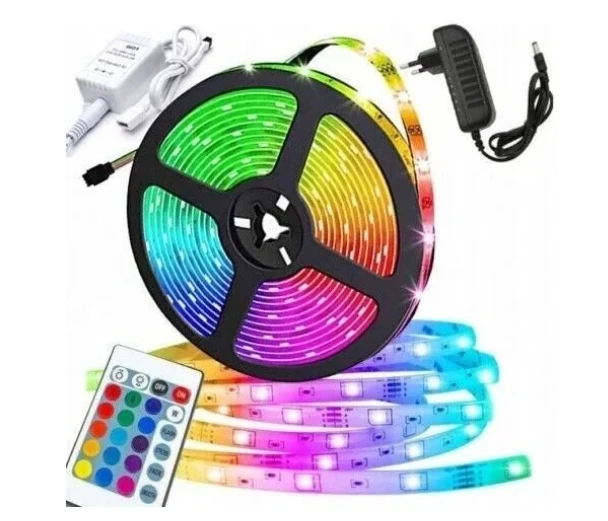 RGB LED juosta 5m su maitinimo šaltiniu ir nuotolinio valdymo pulteliu Happy people