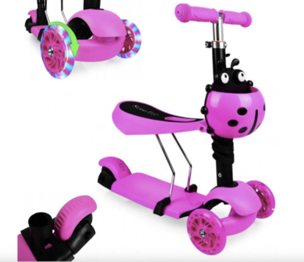 Triratis balansinis paspirtukas boružėlė su stūmimo rankena Scooter 3in1, rožinis
